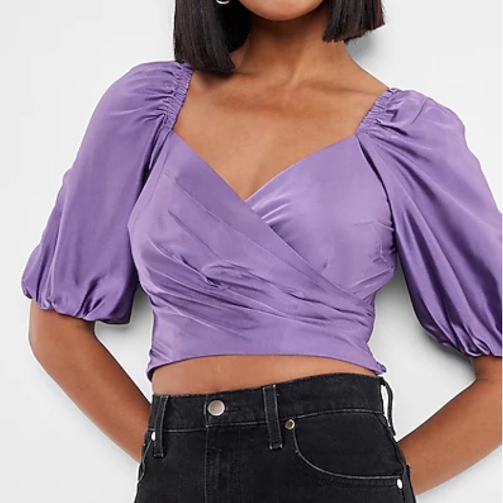 Express Satin Faux Wrap Tie Back Cropped Top